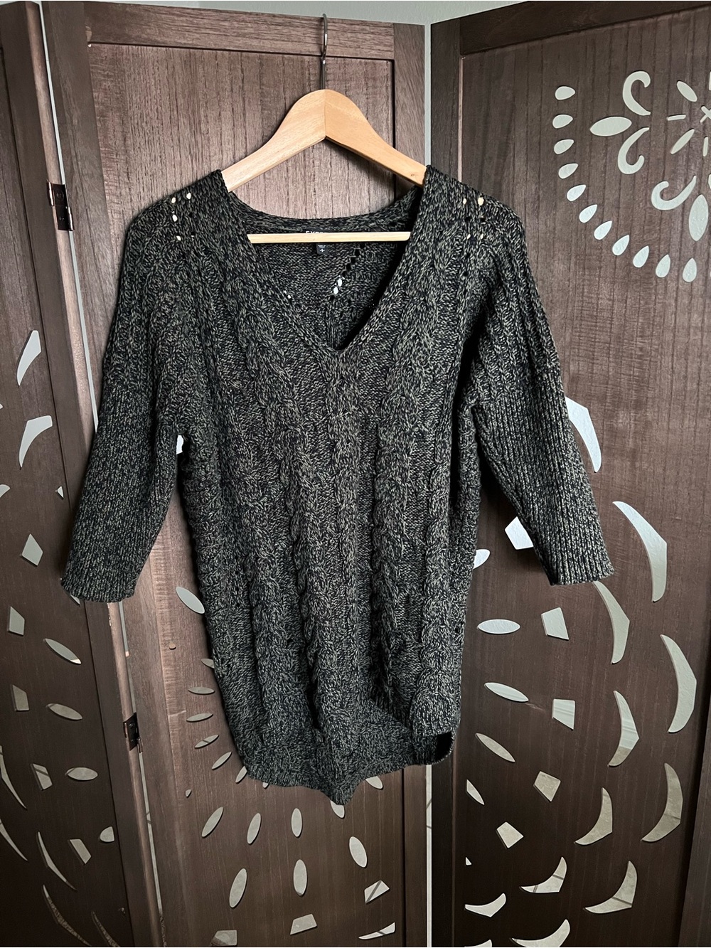 Express Dark Olive and Black Cable V-Neck Sweater